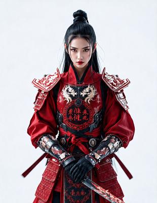 The primary subject of the image is a woman dressed in a red and black outfit, possibly a costume or a traditional Chinese garment. She is wearing a red jacket and a black belt, and she is holding a sword in her hand. The setting appears to be a white background, which provides a clean and minimalist backdrop for the woman's attire and accessories. The visual style of the image is a combination of photo and digital art, creating a striking and detailed portrait of the woman. The colors and