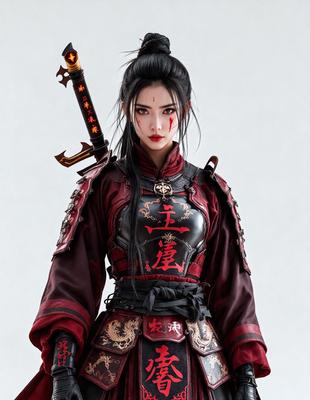 The primary subject of the image is a woman dressed in a red and black outfit, holding a sword. She is wearing a red and black costume, which includes a red jacket and a black skirt. The setting is a white background, which provides a clean and minimalist look to the image. The visual style is a combination of digital art and illustration, creating a dynamic and detailed representation of the woman. The colors and mood of the image are bold and dramatic, with the red and black costume and the