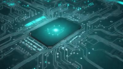 The primary subject of the image is a computer chip with a green glow. The setting is a computer circuit board, and the visual style is a close-up of the chip. The colors and mood of the image are predominantly green, giving it a futuristic and technological appearance.