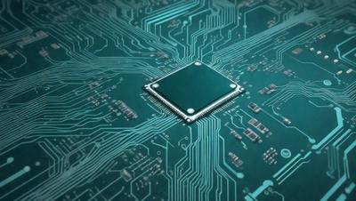 The primary subject of the image is a computer chip, which is the main object in the scene. The setting is a computer circuit board, and the visual style is a close-up of the chip. The dominant colors in the image are green and blue, creating a modern and technological atmosphere.