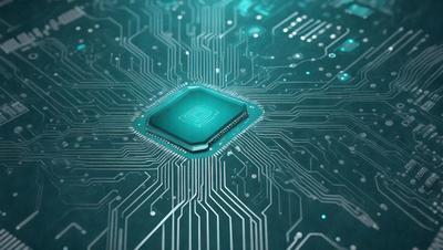The primary subject of the image is a square-shaped green object, which appears to be a computer chip or a piece of electronic equipment. The setting is a computer circuit board, and the visual style is a close-up of the electronic component. The colors and mood of the image are predominantly green, which is the color of the object, and the overall atmosphere is focused and detailed.