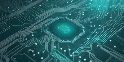 The primary subject of the image is a close-up of a computer chip, which is the main focus of the image. The setting is a computer circuit board, and the visual style is a digital art or illustration. The dominant colors are green and blue, creating a modern and technological atmosphere.