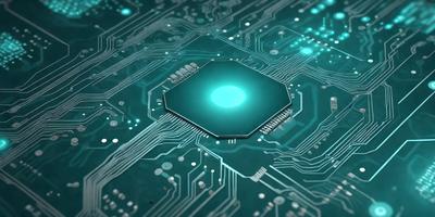 The primary subject of the image is a close-up of a computer chip, which is the main focus of the image. The setting is a computer circuit board, and the visual style is a digital art or illustration. The dominant colors are green and blue, creating a modern and technological atmosphere.