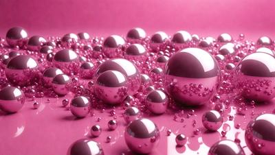 The primary subject of the image is a large number of pink and purple spheres, which are floating on a pink surface. The setting appears to be a pink background, which adds to the overall mood of the image. The visual style of the image is a combination of photo and digital art, creating a unique and eye-catching display. The colors and mood of the image are predominantly pink and purple, giving it a warm and inviting atmosphere.