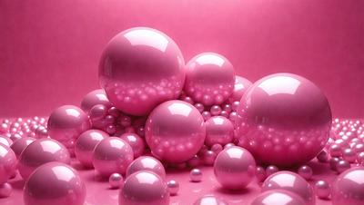 The primary subject of the image is a collection of pink spheres, which are the main objects in the scene. The setting is a pink background, which creates a visually striking contrast with the pink spheres. The visual style of the image is a combination of photo and digital art, as it appears to be a close-up of the spheres on a pink surface. The colors and mood of the image are predominantly pink, giving it a warm and inviting atmosphere.
