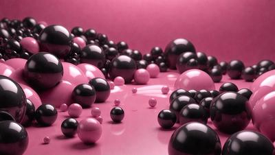 The primary subject of the image is a collection of black and pink balls, which are scattered across a pink surface. The setting appears to be a pink background, and the visual style is a close-up of the balls. The dominant colors in the image are pink and black, creating a visually striking and vibrant atmosphere.
