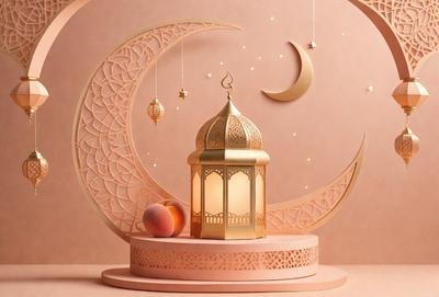 The primary subject of the image is a gold and pink lantern, which is placed on a pink pedestal. The setting is a pink background, and the visual style appears to be a combination of digital art and illustration. The colors and mood of the image are warm and inviting, with the gold and pink lantern serving as the focal point.