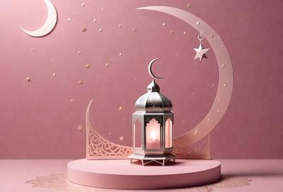 The primary subject of the image is a small, intricately designed metal lantern, which is placed on a pink surface. The setting is a pink background, and the visual style appears to be a combination of digital art and illustration. The colors in the image are predominantly pink, which gives the scene a warm and inviting atmosphere.