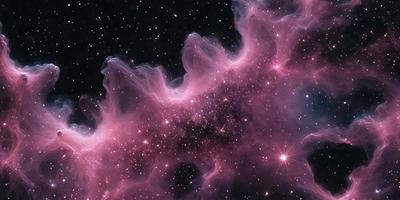 The primary subject of the image is a pink nebula, which is a cloud of gas and dust in space. The setting is a dark, starry sky, with the nebula being the main focus of the image. The visual style is a combination of a photo and digital art, creating a unique and captivating representation of the nebula. The colors and mood of the image are predominantly pink, giving it a warm and serene atmosphere.