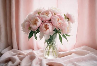 The primary subject of the image is a vase filled with pink flowers. The vase is placed on a pink tablecloth, which serves as the setting for the scene. The visual style of the image is a photo, capturing the beauty of the flowers and the tablecloth. The colors and mood of the image are predominantly pink, creating a warm and inviting atmosphere.