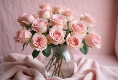 The primary subject of the image is a vase filled with pink roses. The vase is placed on a pink table, which serves as the setting for the scene. The visual style of the image is a photo, capturing the beauty of the roses and the vase. The dominant colors in the image are pink, which creates a warm and romantic atmosphere.