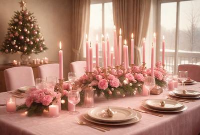 The primary subject of the image is a beautifully set dining table with a pink tablecloth. The table is adorned with a floral centerpiece, and it is surrounded by chairs. The setting includes a window, which adds a natural element to the scene. The visual style of the image is a photo, capturing the details of the table and its surroundings. The colors and mood of the image are predominantly pink, creating a warm and inviting atmosphere.