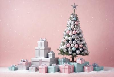 The primary subject of the image is a Christmas tree, which is adorned with ornaments and presents. The tree is surrounded by various presents, creating a festive and joyful atmosphere. The setting is a pink background, which adds a touch of warmth and elegance to the scene. The visual style of the image is a combination of digital art and illustration, creating a realistic and visually appealing representation of the Christmas tree and its surroundings. The colors and mood of the image are predominantly p