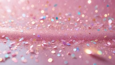 The primary subject of the image is a pink background with glittery, colorful confetti sprinkled all over it. The setting appears to be a creative and playful environment, possibly for a party or event. The visual style of the image is a close-up of the confetti, showcasing the vibrant colors and textures of the glittery particles. The overall atmosphere of the image is lively and festive, with the confetti adding a touch of whimsy and joy to the scene