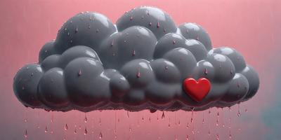 The primary subject of the image is a heart-shaped cloud, which is the main focus of the scene. The cloud is surrounded by a rainy environment, with rain falling all around it. The visual style of the image is a painting, which gives it a unique and artistic appearance. The dominant colors in the painting are red and black, creating a bold and striking contrast. The overall atmosphere of the image is one of love and passion, as the heart-shaped cloud symbolizes love and the rain represents passion.