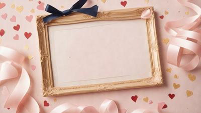 The primary subject of the image is a picture frame with a pink background. The frame is adorned with a bow and a heart, giving it a romantic and elegant appearance. The setting is a pink background, which complements the frame and adds to the overall ambiance of the scene. The visual style of the image is a combination of a photo and digital art, creating a unique and eye-catching presentation. The colors and mood of the image are predominantly pink, which evokes feelings of love,