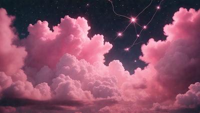 The primary subject of the image is a pink cloud in the sky. The setting is a night sky with a few stars visible. The visual style is a painting, which gives the image a surreal and dreamy atmosphere. The dominant colors are pink and purple, creating a soft and calming mood.