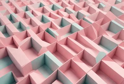 The primary subject of the image is a three-dimensional, geometric pattern made of pink and blue squares. The pattern is displayed on a pink background, creating a visually striking contrast. The visual style of the image is a combination of digital art and illustration, as it appears to be a computer-generated or digitally created design. The colors and mood of the image are predominantly pink and blue, giving it a vibrant and lively atmosphere.