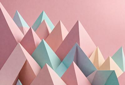 The primary subject of the image is a large, three-dimensional mountain made of paper. The mountain is pink and blue, giving it a vibrant and colorful appearance. The setting is a pink background, which provides a contrasting and complementary color to the mountain. The visual style of the image is a combination of digital art and illustration, as it is a three-dimensional paper cutout. The colors and mood of the image are lively and cheerful, with the pink and blue hues evoking