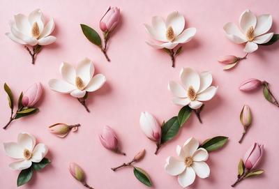 The primary subject of the image is a bouquet of white flowers, which are arranged in a pink background. The flowers are placed on a pink surface, creating a visually appealing contrast between the flowers and the background. The visual style of the image is a close-up of the flowers, showcasing their details and beauty. The colors and mood of the image are predominantly pink and white, giving it a delicate and elegant appearance.