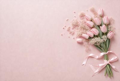 The primary subject of the image is a bouquet of pink flowers. The flowers are arranged in a vase and are placed on a pink background. The visual style of the image is a photo, capturing the beauty of the flowers and their surroundings. The colors and mood of the image are predominantly pink, creating a warm and inviting atmosphere.