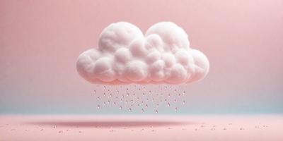 The primary subject of the image is a large, pink cloud with rain drops falling from it. The cloud is the main focus of the image, and it is set against a pink background. The visual style of the image is a combination of photo and digital art, creating a unique and artistic representation of the cloud. The colors and mood of the image are predominantly pink, giving it a warm and inviting atmosphere.