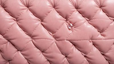 The primary subject of the image is a pink leather jacket with a small crystal button on the front. The setting is a close-up of the jacket, showcasing its details. The visual style is a realistic representation of the jacket, and the colors and mood are predominantly pink, giving the image a warm and feminine atmosphere.