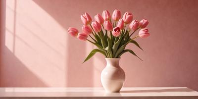 The primary subject of the image is a vase filled with pink tulips. The vase is placed on a table, and the flowers are arranged in a visually appealing manner. The setting is indoors, with a pink wall in the background. The visual style of the image is a photo, capturing the beauty of the flowers and the vase. The colors and mood of the image are predominantly pink, creating a warm and inviting atmosphere.