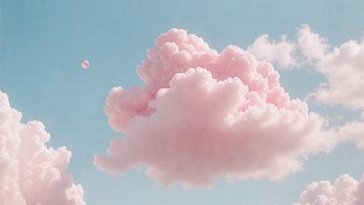 The primary subject of the image is a large, pink cloud in the sky. The cloud is surrounded by a blue sky, creating a striking contrast. The setting is a clear day with no visible landmarks or other objects in the background. The visual style of the image is a combination of photo and digital art, as it appears to be a photo of a digital art piece. The dominant colors in the image are pink and blue, giving the scene a warm and serene atmosphere.
