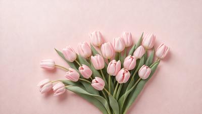 The primary subject of the image is a bouquet of pink tulips. The setting is a pink background, which adds a warm and vibrant atmosphere to the scene. The visual style is a close-up of the flowers, showcasing their details and beauty. The colors and mood of the image are predominantly pink, creating a sense of freshness and elegance.
