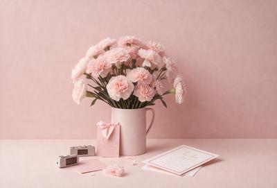 The primary subject of the image is a pink vase filled with pink flowers. The vase is placed on a pink table, which serves as the setting for the scene. The visual style of the image is a photo, capturing the beauty of the flowers and the vase. The colors and mood of the image are predominantly pink, creating a warm and inviting atmosphere.