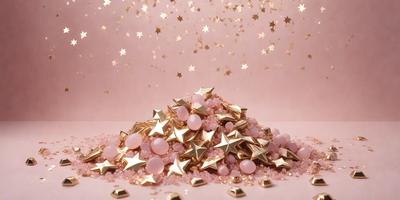 The primary subject of the image is a pile of gold stars, which are scattered on a pink surface. The setting appears to be a studio or a creative workspace, as the gold stars are arranged in a visually appealing manner. The visual style of the image is a combination of digital art and illustration, creating a unique and eye-catching display. The colors and mood of the image are predominantly pink and gold, giving it a warm and inviting atmosphere.