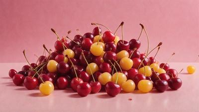 Cherries are the primary subject of the image, with a large pile of them displayed on a pink surface. The cherries are arranged in various positions, creating a visually appealing and colorful scene. The setting appears to be a still life, showcasing the vibrant red and yellow hues of the cherries. The overall atmosphere is lively and fresh, with the cherries being the main focus of the image.