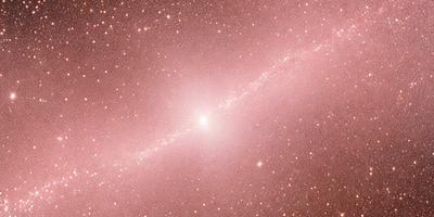 The primary subject of the image is a large, pink nebula with a long, curved tail. The setting is a dark, star-filled sky, and the visual style is a combination of a photo and digital art. The colors and mood of the image are predominantly pink, creating a serene and celestial atmosphere.