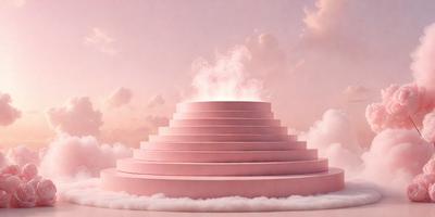 The primary subject of the image is a large, pink, three-layered structure, possibly a cake or a tower, with a cloudy background. The setting appears to be a whimsical, dreamy, or fantastical environment, possibly a cloudy sky or a surreal landscape. The visual style of the image is a combination of photo and digital art, creating a unique and imaginative scene. The colors and mood of the image are predominantly pink, which adds a sense of warmth and