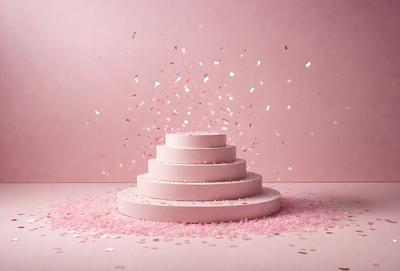The primary subject of the image is a three-layered pink cake. The cake is placed on a pink surface, which adds to the overall pink theme of the scene. The visual style of the image is a combination of photo and digital art, creating a unique and eye-catching presentation. The colors and mood of the image are predominantly pink, giving it a warm and inviting atmosphere.