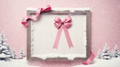 The primary subject of the image is a pink bow, which is placed in a frame. The setting is a snowy background, creating a wintery atmosphere. The visual style is a combination of a photo and digital art, as the bow is digitally placed in the frame. The colors and mood of the image are predominantly pink, which gives it a warm and cozy feel.