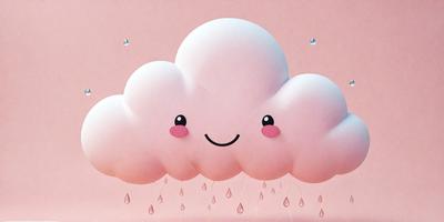 The primary subject of the image is a cartoon-like cloud with a smiley face drawn on it. The cloud is pink and white and appears to be raining, as it is surrounded by drops of water. The setting is a pink background, which adds to the overall mood of the image. The visual style is a combination of digital art and illustration, creating a whimsical and cheerful atmosphere.