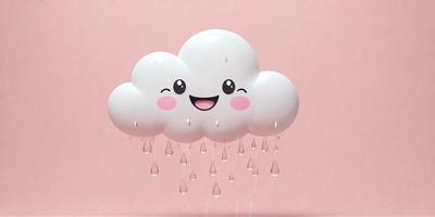 The primary subject of the image is a white cloud balloon with a smiley face drawn on it. The cloud is floating in the air and appears to be raining, as it is dripping water. The setting is a pink background, which adds a warm and cheerful atmosphere to the scene. The visual style is a combination of a photo and digital art, as the cloud balloon is a real object, but the smiley face and dripping water are digitally added elements. The colors and mood of the image