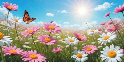 The primary subject of the image is a field of flowers, predominantly pink and white daisies. The setting is a sunny day, with the sun shining brightly in the background. The visual style is a photo, capturing the beauty of the flowers in their natural environment. The colors and mood of the image are predominantly warm and cheerful, with the vibrant colors of the flowers creating a lively and inviting atmosphere.
