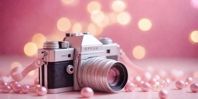 The primary subject of the image is a silver camera with a lens. The camera is placed on a pink surface, which adds a touch of color to the scene. The setting appears to be a studio or a controlled environment, as the camera is the main focus of the image. The visual style is a close-up of the camera, showcasing its details and design. The colors and mood of the image are predominantly pink, creating a warm and inviting atmosphere.