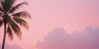 The primary subject of the image is a cloudy pink sky with a few palm trees in the foreground. The setting is a tropical environment, with the sky serving as the backdrop. The visual style is a combination of a photo and a digital art, creating a unique and artistic representation of the scene. The colors and mood of the image are predominantly pink and warm, evoking a sense of tranquility and serenity.
