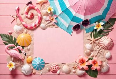 The primary subject of the image is a pink frame with a sandy background. The setting is a beach, with a variety of objects and items scattered around the frame. These objects include a pink umbrella, a starfish, a shell, a candy cane, a candy coral, a candy lollipop, a candy snowflake, a candy snowman, a candy snowflake, a candy snowman, a candy snowflake, a c