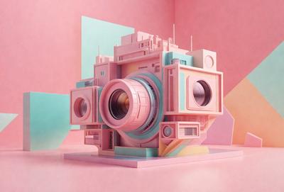 The primary subject of the image is a pink and blue toy camera. The setting is a pink background, which adds a vibrant and playful touch to the scene. The visual style is a combination of digital art and illustration, creating a unique and creative representation of the camera. The colors and mood of the image are predominantly pink and blue, giving it a cheerful and fun atmosphere.