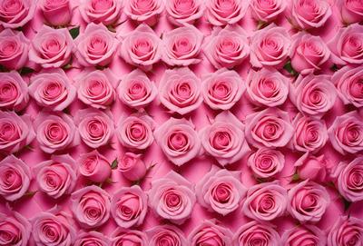 The primary subject of the image is a large number of pink roses arranged in a pattern. The setting is a pink background, which creates a visually appealing contrast with the roses. The visual style is a close-up of the roses, showcasing their details and beauty. The colors and mood of the image are predominantly pink, creating a warm and romantic atmosphere.
