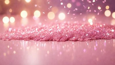 The primary subject of the image is a pink surface with a pattern of pink glitter. The setting is a white background, and the visual style is a close-up of the pink glitter pattern. The colors and mood of the image are predominantly pink, with a slightly glittery and shiny appearance.