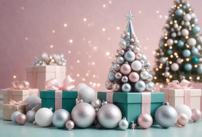 The primary subject of the image is a Christmas tree, which is adorned with pink and silver ornaments. The tree is placed in front of a pink background, creating a festive and colorful scene. The visual style of the image is a combination of photo and digital art, as it appears to be a real tree with ornaments, yet the pink background and overall composition suggest a digital art or illustration. The colors and mood of the image are predominantly pink and silver, giving it a warm and