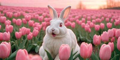 The primary subject of the image is a white rabbit sitting in a field of pink flowers. The setting is a beautiful garden with a pink flower field, and the visual style is a photo. The colors and mood of the image are predominantly pink, creating a warm and inviting atmosphere.