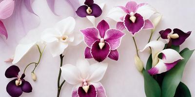 The primary subject of the image is a group of purple orchids. They are arranged in a visually appealing manner, with some of the flowers facing upwards and others facing downwards. The setting is a white background, which provides a clean and minimalist look to the image. The visual style is a close-up of the orchids, showcasing their intricate details and vibrant colors. The dominant colors in the image are purple and white, creating a serene and elegant atmosphere.