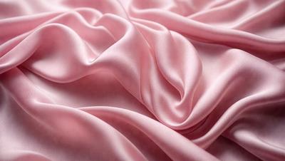 The primary subject of the image is a close-up of a pink fabric, possibly silk, with a smooth and shiny texture. The setting is a pink background, which complements the fabric's color. The visual style is a close-up, focusing on the fabric's details. The colors and mood of the image are predominantly pink, creating a warm and inviting atmosphere.
